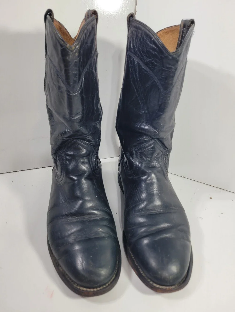 Tres Garcia Black Leather Cowboy Western Roper Boots Mens Size 6.5 Vtg Mex 25.5